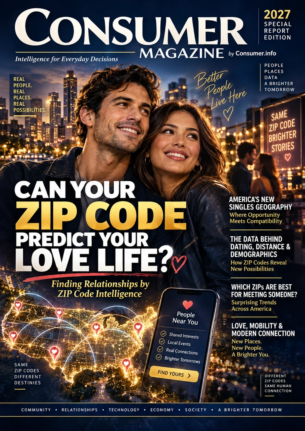 Owner-supplied Consumer Magazine by Consumer.info cover concept: Can your ZIP code predict your love life? 2027 special report edition.